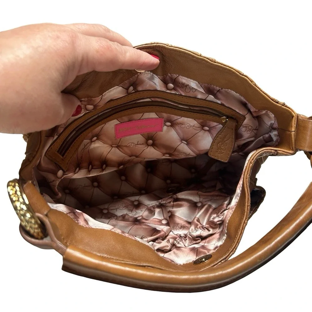 Betsey Johnson Hobo Satchel Bag Purse Softsided Boho Slouchy Studded Light Brown